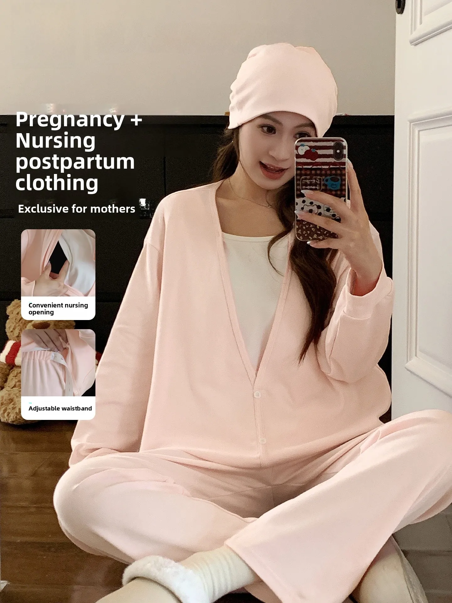 maternity-sleepwear-set-with-chest-pad-women's-home-clothes-spring-autumn-postpartum-nursing-comfortable-breathable-long-sleeve