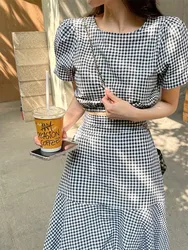 Two 2 Piece Set Plaid Dress Women Puff Sleeve Casual Woman Tops Ruffle High Waisted Ladies Skirts 2023 Summer Suit