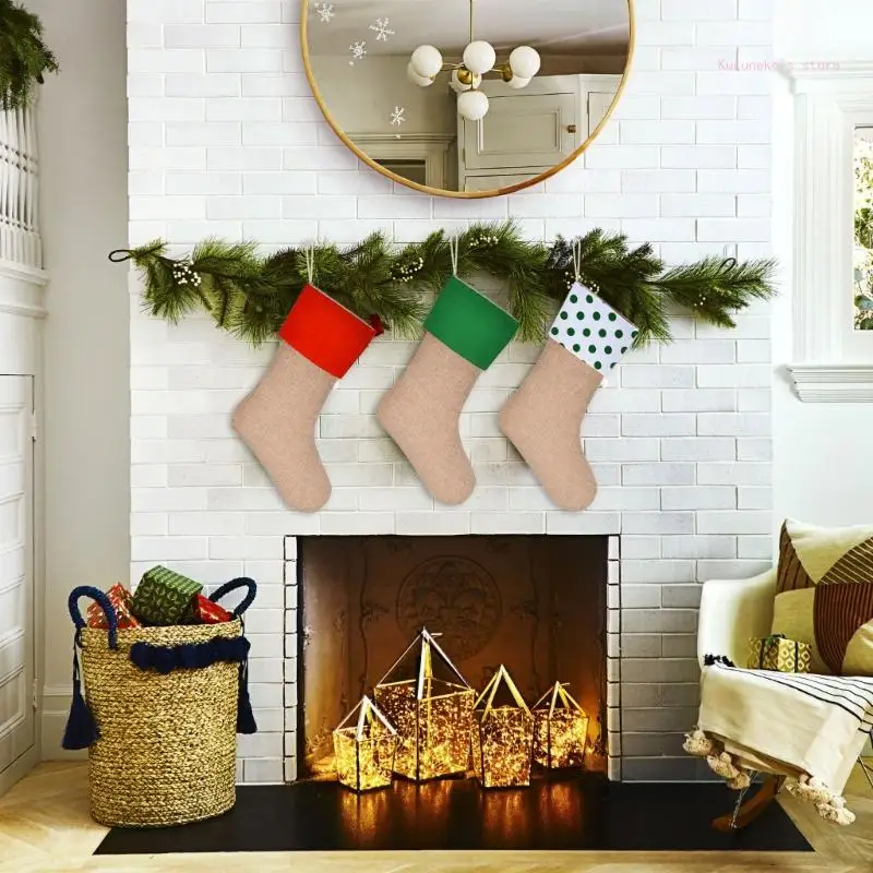 ชุด 2 สีสัน Burlap ถุงน่องสำหรับเด็ก Candy คอนเทนเนอร์คริสต์มาสถุงเท้าเทศกาลเครื่องประดับ Party Supplies