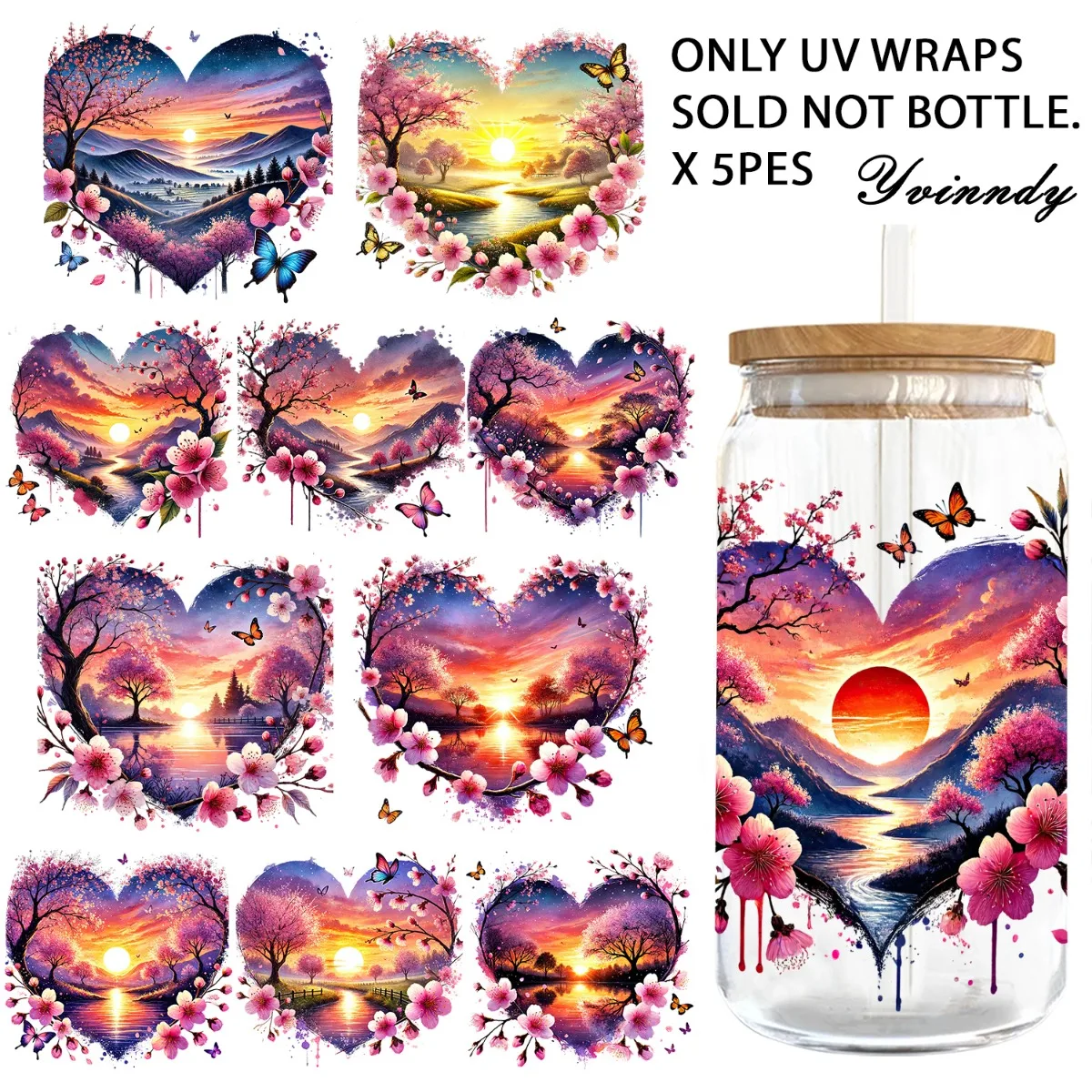 5 Stück/Set 16OZ UV DTF DIY-Transferpapier – Love's Rainbow UV DTF wasserfester Film, für DIY-Enthusiasten (ohne Wasserbecher)