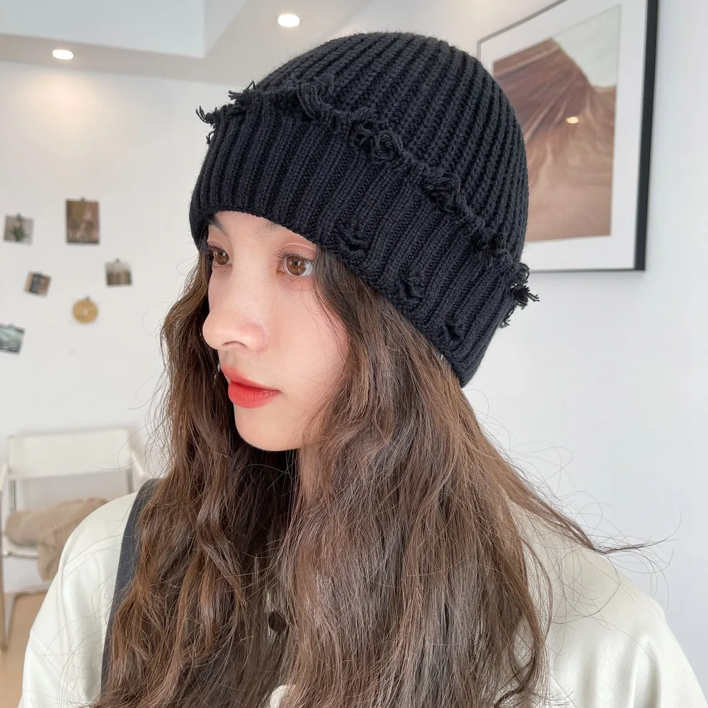 New Dilapidated Hole Knitted Hat Thickened Solid Color Warm Cap Ear Protection Hip-Hop Hat Winter