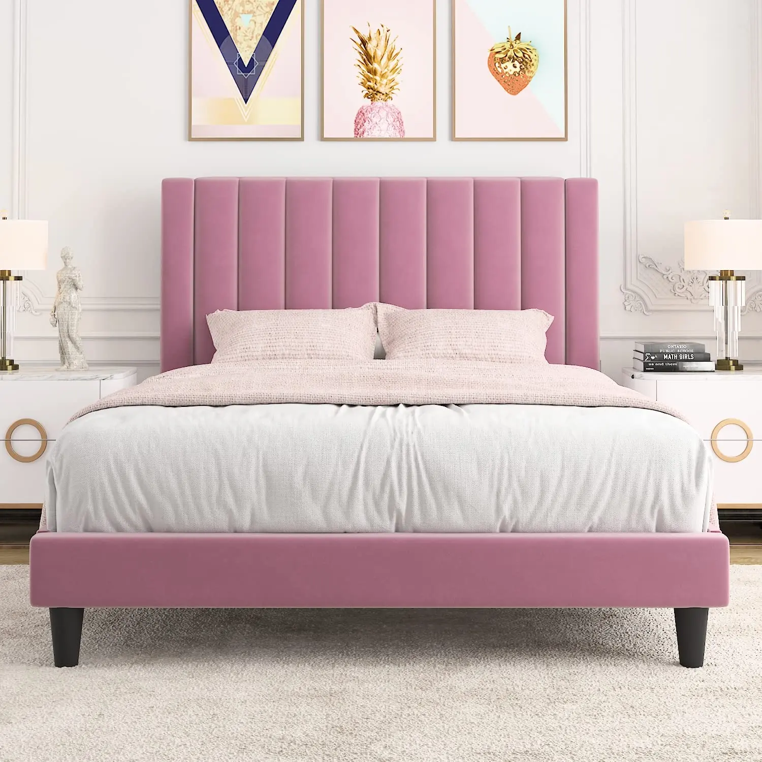 Pink Velvet Full Platform Bed Frame Vertical Tufted Headboard Wooden Slats No Box Spring Needed Easy Assembly, Customized