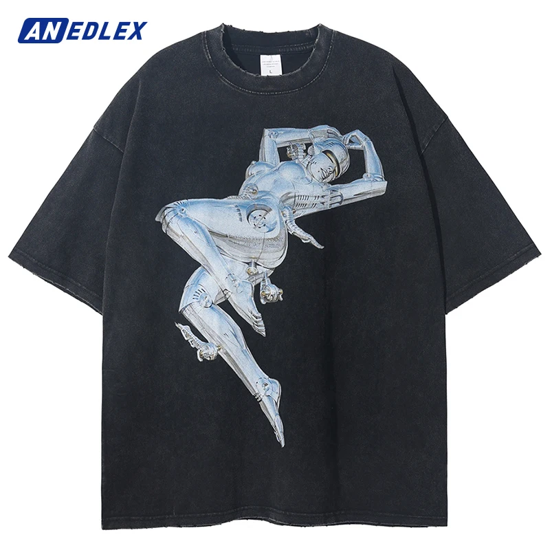 

Streetwear Vintage T-Shirt Men Hip Hop Portrait Robot Graphics Print T Shirt Harajuku Cotton Casual Summer Short Sleeve Tshirt