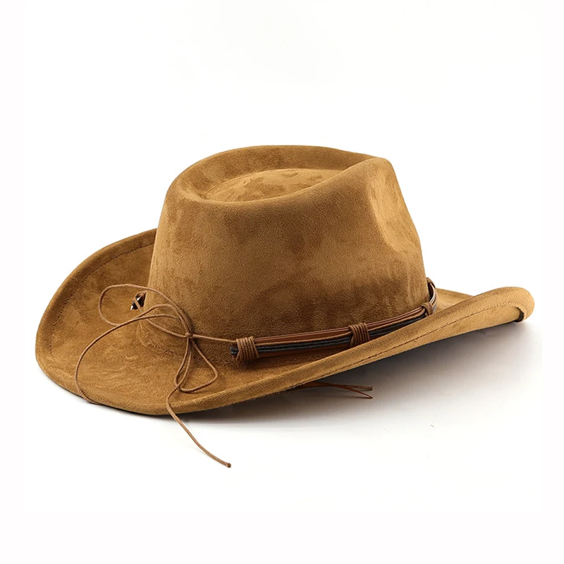 Wildleder Western Cowboy Hut für Männer Frauen Vintage gerollte Krempe Filz Jazz Hüte Outdoor Reise Ritter Hüte – Detail 6