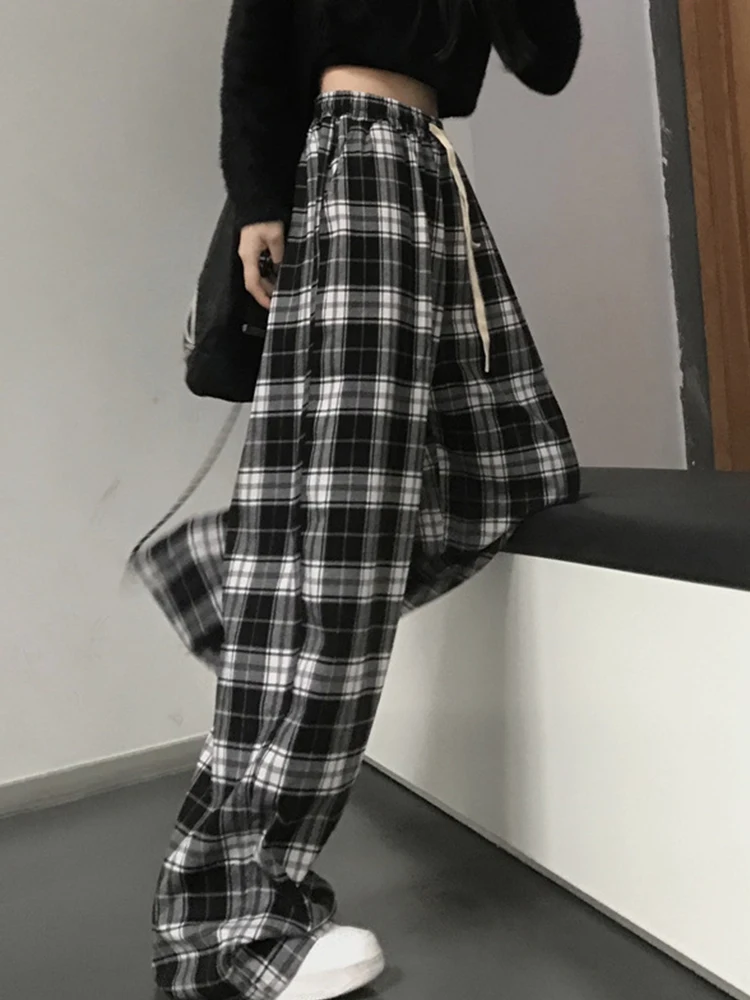 Korean Vintage Checkered Baggy Trousers for Women Elastic Waist With Light‑Colored Self‑Tie String Soft Loose FlowyWide Leg Pant
