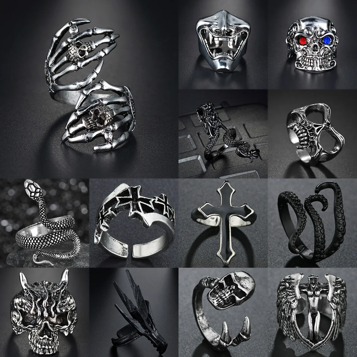 Gothic Retro Silver Snake Skeleton Dragon Rings Women Men Fashion Jewelry Punk Rock Gifts Creative Design Wedding Party Ring