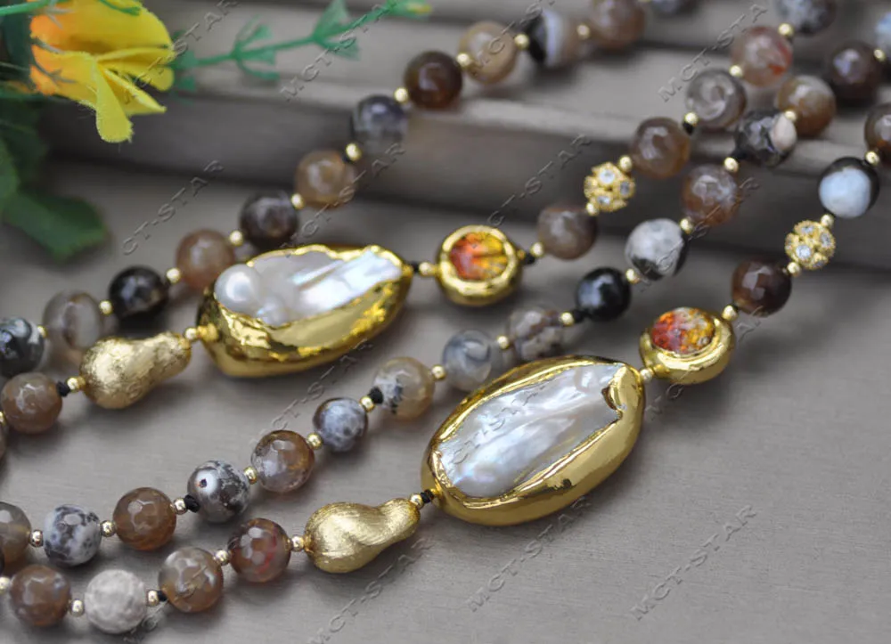 

2row 21" 38mm Brown Round Agate White Baroque Pearl Necklace （Z13580 ）