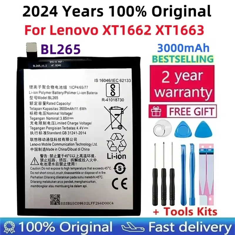 

Original BL265 3000mAh Battery For Lenovo XT1662 Motorola MOTO M XT1662 XT1663 Mobile Phone +Gift Tools +Stickers