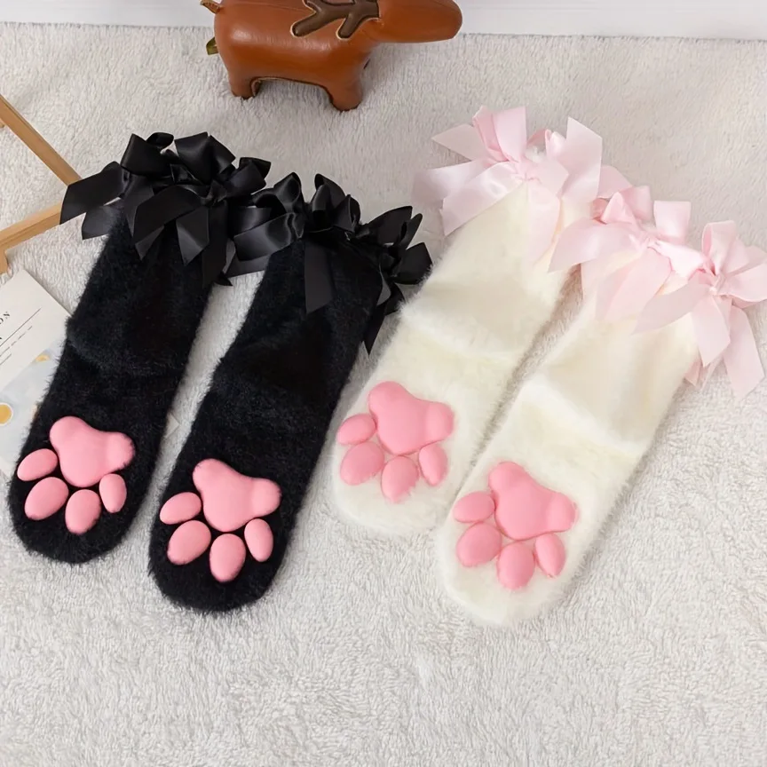 Women's 3D Cat Claw Socks Coral Velvet Bow Middle Socks Autumn And Winter Floor Sleeping Socks Comfortable Soft Cute Fashionable
