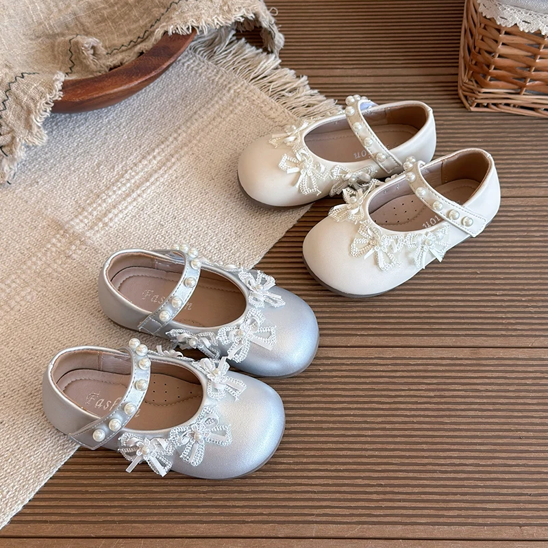 Kid's Shoes Korean Version Pearl Bowknot Decorated Leather Shoes Lightweight Princess Style Children's Shoes Size 23-34