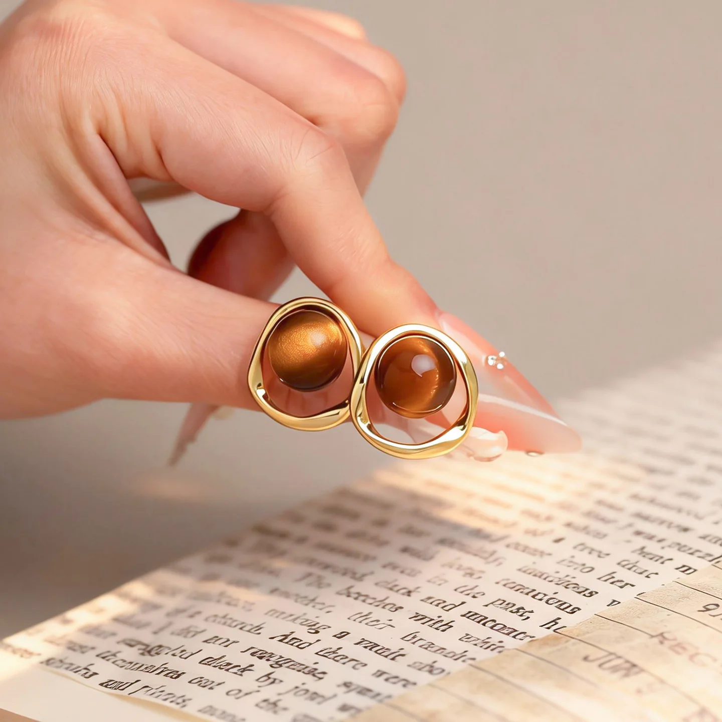 Mirad Tiger Eye Stone Geometric Hollow Metal Gold Color Stud Earrings for Women And Girls Versatile Fashion Jewelry Accessory