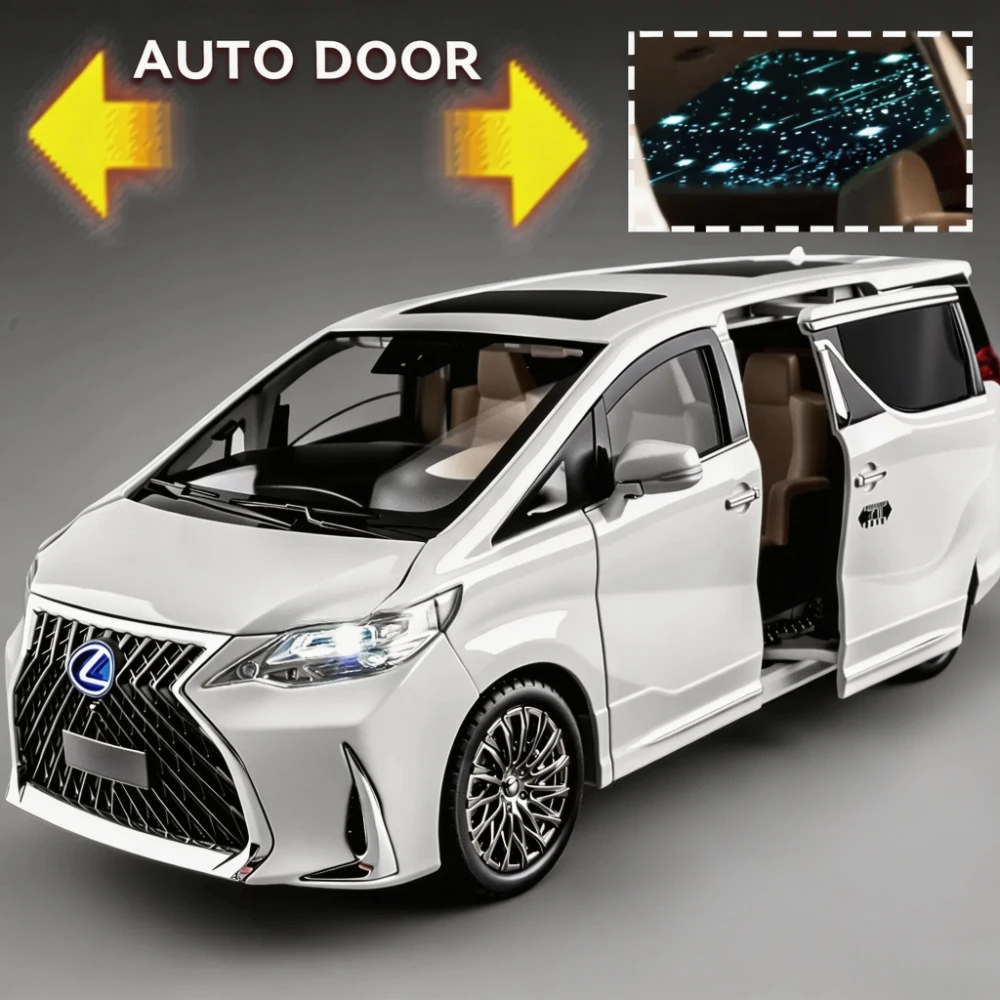 1:18 Scale LM300 MPV Alphard Car Toys Model Deicast Metal Doors Opened Sound Light Pull Back Vehicles Models Daily Surprises