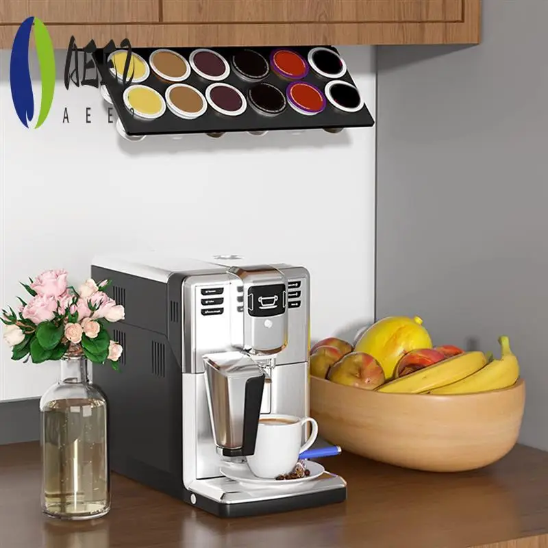 

AEE2-K-Cup Holder, Under Cabinet Pull Up Storage Coffee Holder Compatible With 12 Cup Pods, Space Save Coffee Pods Rack