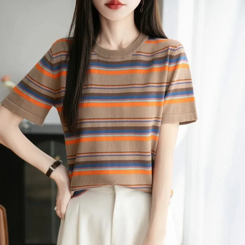 Women's Multicolor Striped Knit T-Shirt Crew Neck Rolled Sleeve Casual Summer Top