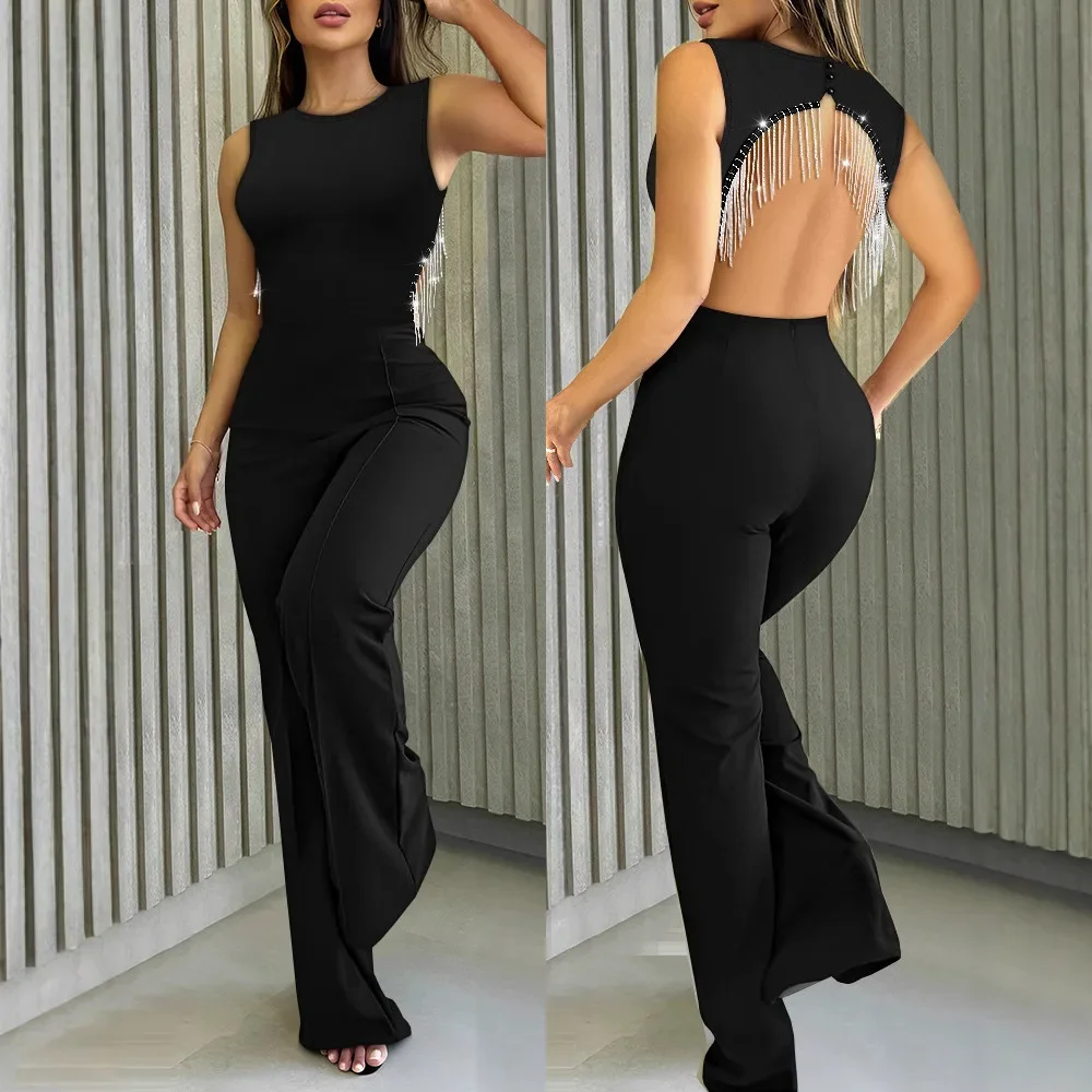 Round Neck Sleeveless Rhinestone Chain Jumpsuit Casual Backless Loose Rompers Overall Pants Women Spring Summer