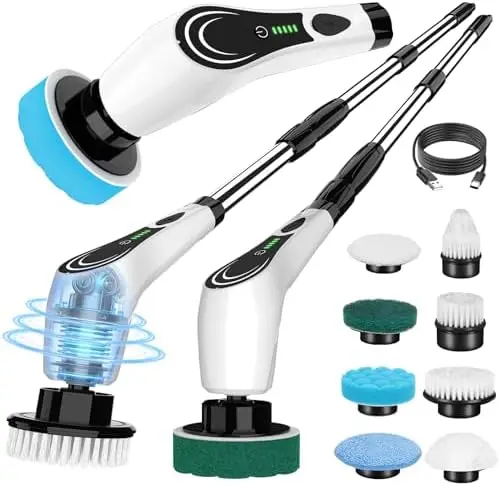 Electric Spin Scrubber – Cordless, 8 Brush Heads, 2 Speeds, IPX7 Waterproof – Adjustable for Bath, Tile, Floor