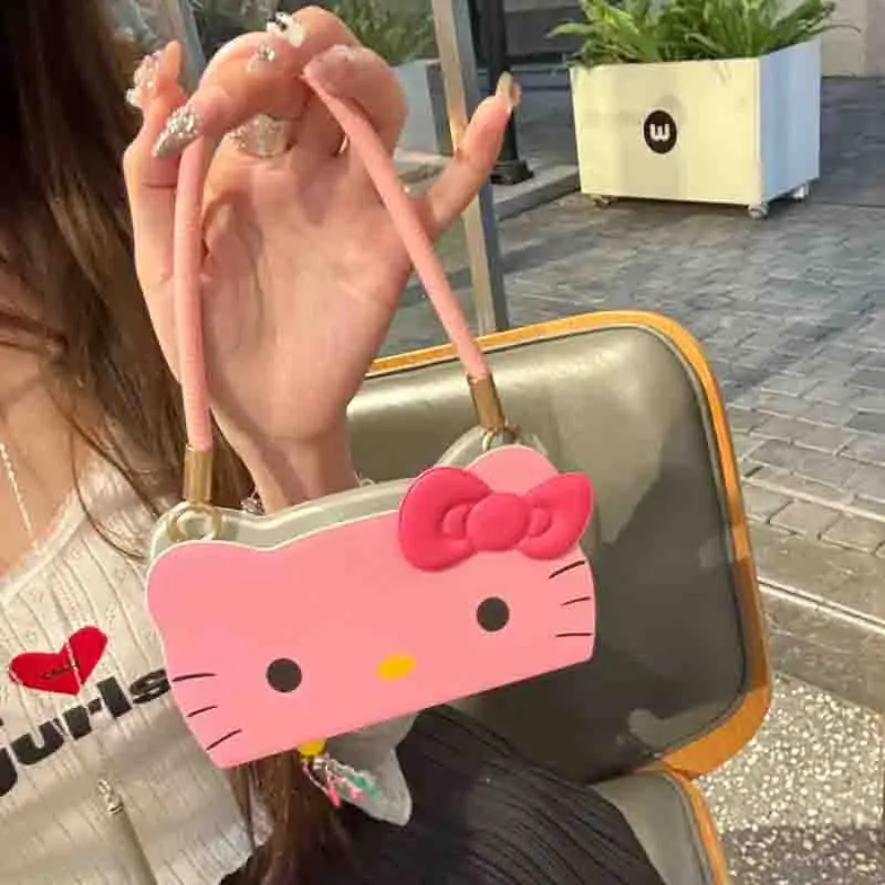 Sanrio Hello Kitty Cute Solid Color KT Cat Countenance Bow Phone Case For iPhone 15 14 13 Pro Max Y2K Girl Hand Strap Back Cover