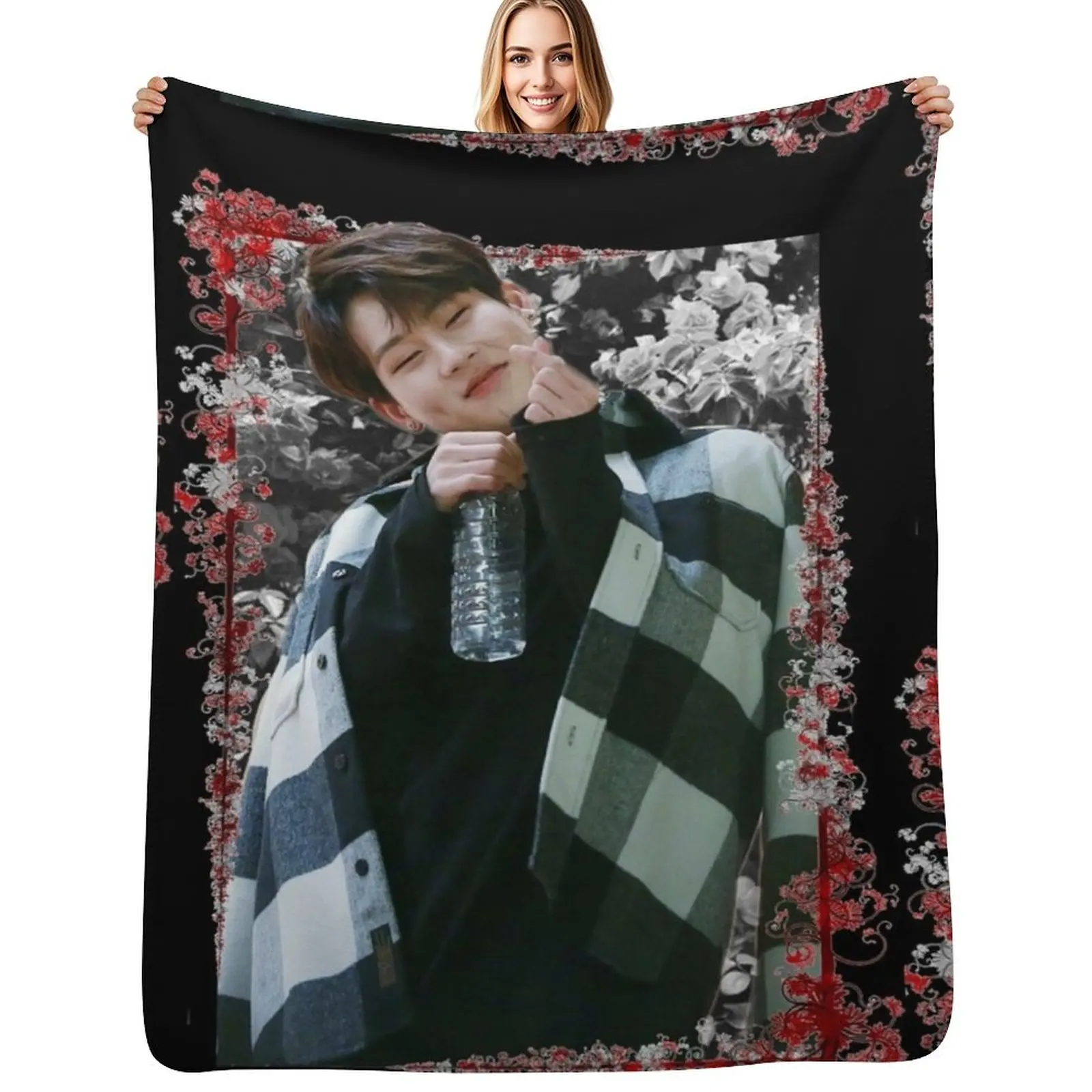 Lee Jooheon MONSTA X Jooheon Korean Kpop Floral Design Throw Blanket Fuzzy Plush Throw Blanket for Sofa Chair