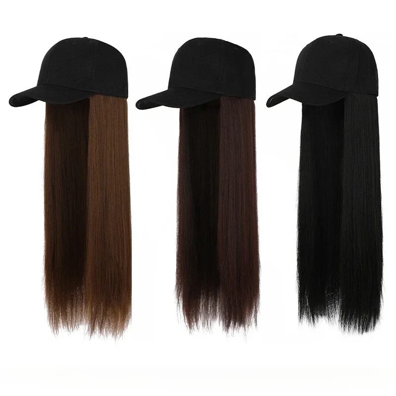 60cm Black Peaked Baseball Cap with Wig Synthetic One Piece White Caps Summer Kpop Long Straight Hair Hat Wig Hat for Women Caps