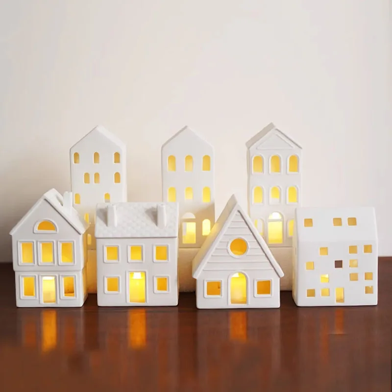 Nordic Simple Matte House-Shaped Ceramic Ornaments, Danish Architectural-Shaped Candlesticks, Home Holiday Decorations
