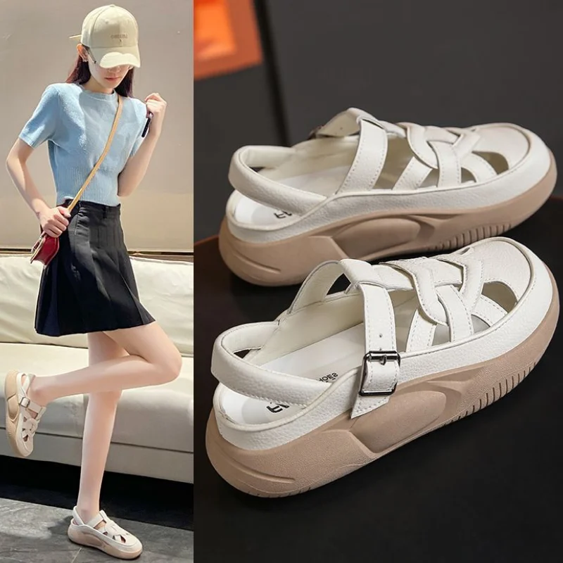 Leather Women\'s Beach Sandals Breathable Soft Thick Sole Closed Toe Hollow Vulcanized Sneaker Lady Retro Roman Shoes A0135