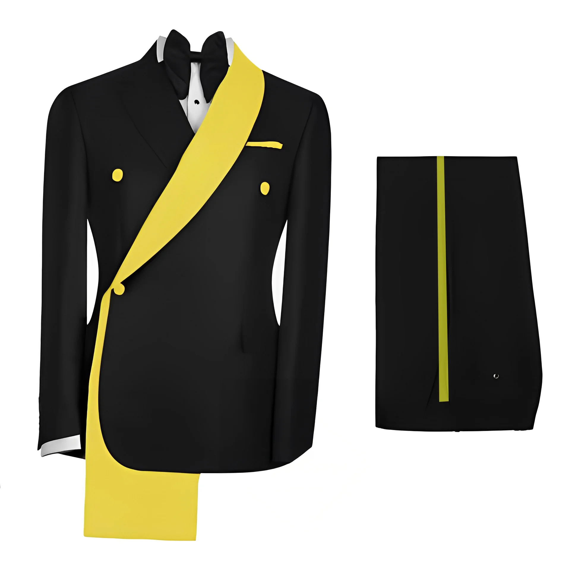Fashionable Men's Suit 2 Piece Set Black Jacket With Gold Collar Wedding Groom Tuxedo Classic Men's Tailored Blazer Pants
