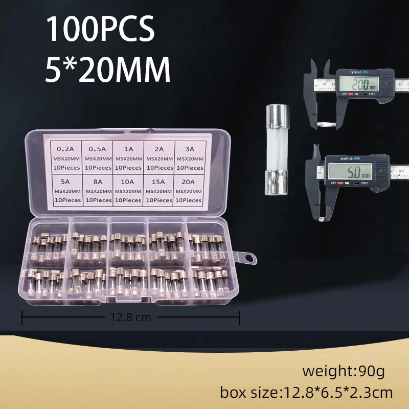 

100 шт. 5x20 мм быстродействующий стеклянный трубчатый предохранитель в ассортименте, комплект усилителя 0,2 А 0,5 А 1 А 2 А 3 А 5 А 8 А 10 А 15 А 20 А 250 В с коробкой для хранения