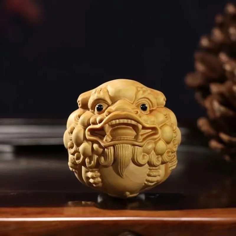 1PC Hand-carved Boxwood Lion Head Pixiu Hand Massage Fitness Ball Solid Wood Animal Decoration Accessories Vintage Home Decor