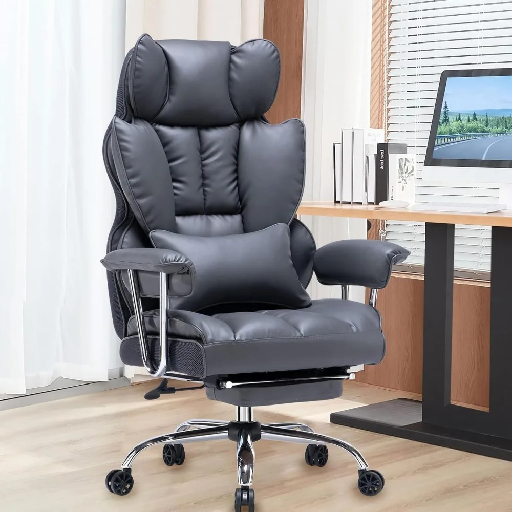 Silla de oficina grande y alta de cuero PU para ordenador, sillón ejecutivo con reposabrazos y soporte Lumbar, color gris oscuro, 400 libras