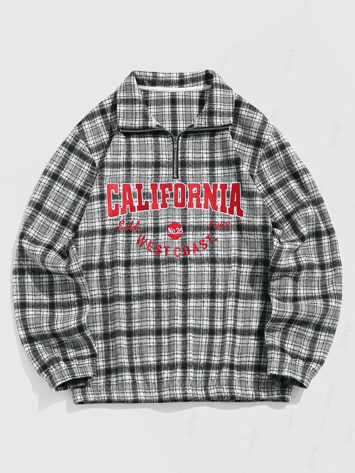 

Men's Flannel Plaid Letter Embroidery Quarter Zip Stand Collar Long Sleeve Pullover Sweatshirt