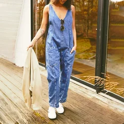 Jumpsuits Women Jeans Straight Pants Denim Spliced Overalls Pockets High Street Loose High Waist Mom Y2k Elegant 2025 V Neck