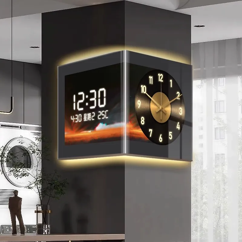 Vinyl Record Pattern Corner Double-sided Wall Clock with Silent Digital Display (Pointer Style)