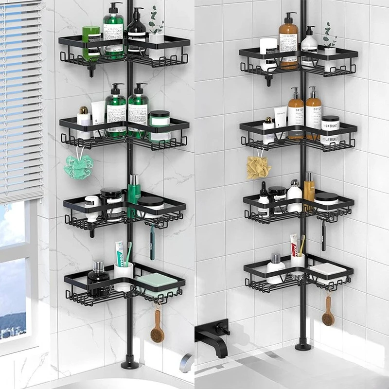 Adjustable Telescopic Shower Rack Stainless Steel Floor-to-Ceiling Bathroom Storage Rack Metal Rustproof  Space-Saving Organizer