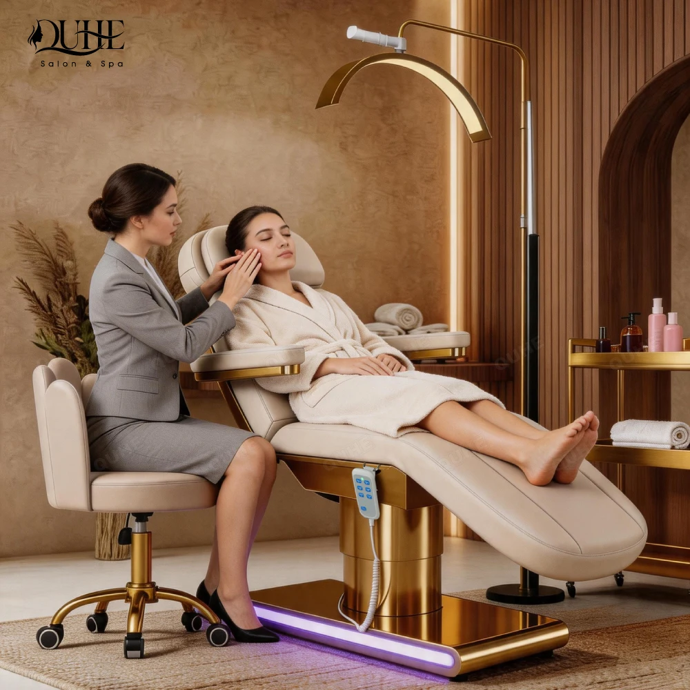 QUHE Adjustable Salon Facial Massage Treatment Electric Bed Spa Electric Massage Table Facial Cosmetic Eyelash Beauty Bed