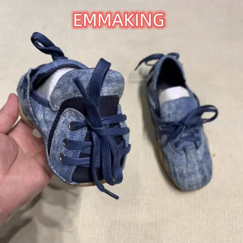 Sepatu balet Denim biru kotor antik sepatu latihan Jerman bertali berlipat kulit asli sepatu Slip-On kasual olahraga wanita