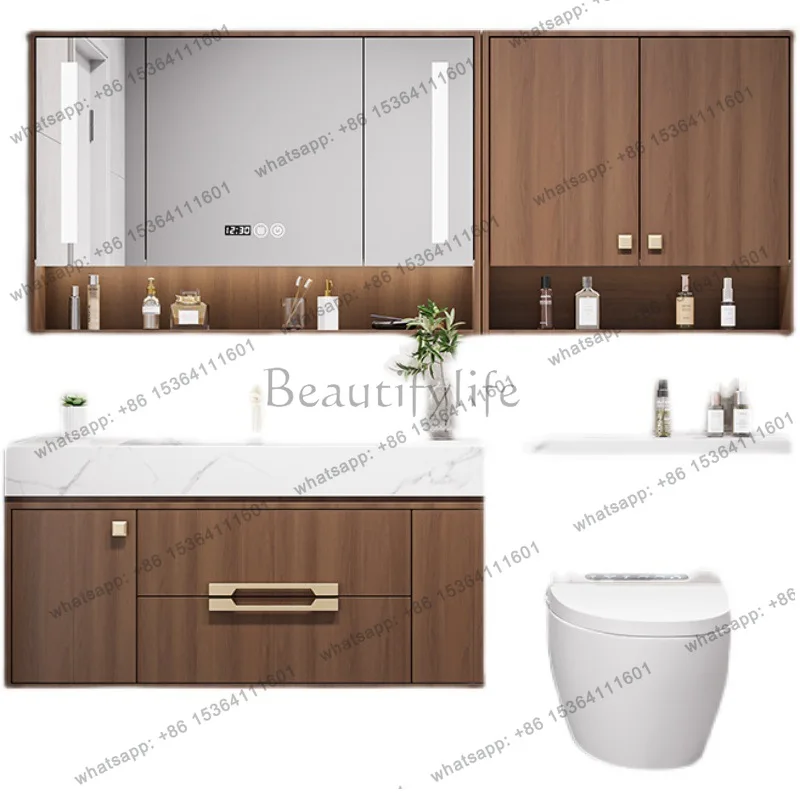 

Modern new Chinese rock slab bathroom cabinet Solid wood smart mirror cabinet Toilet washstand, basin cabinet combination