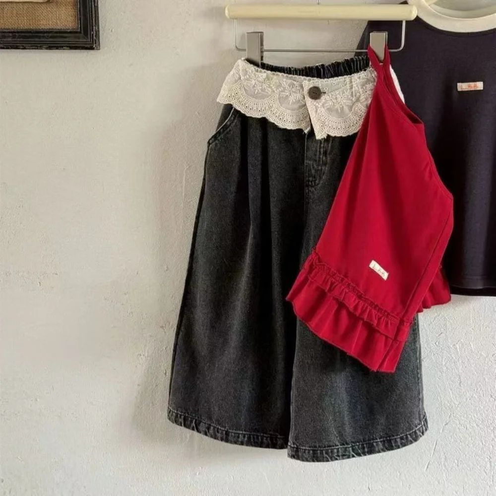 

Straight Leg Wide Leg Pants Girls' 2025 Spring And Autumn New Korean Edition Loose Western Style Lace Lace Butt Curtain Jeans