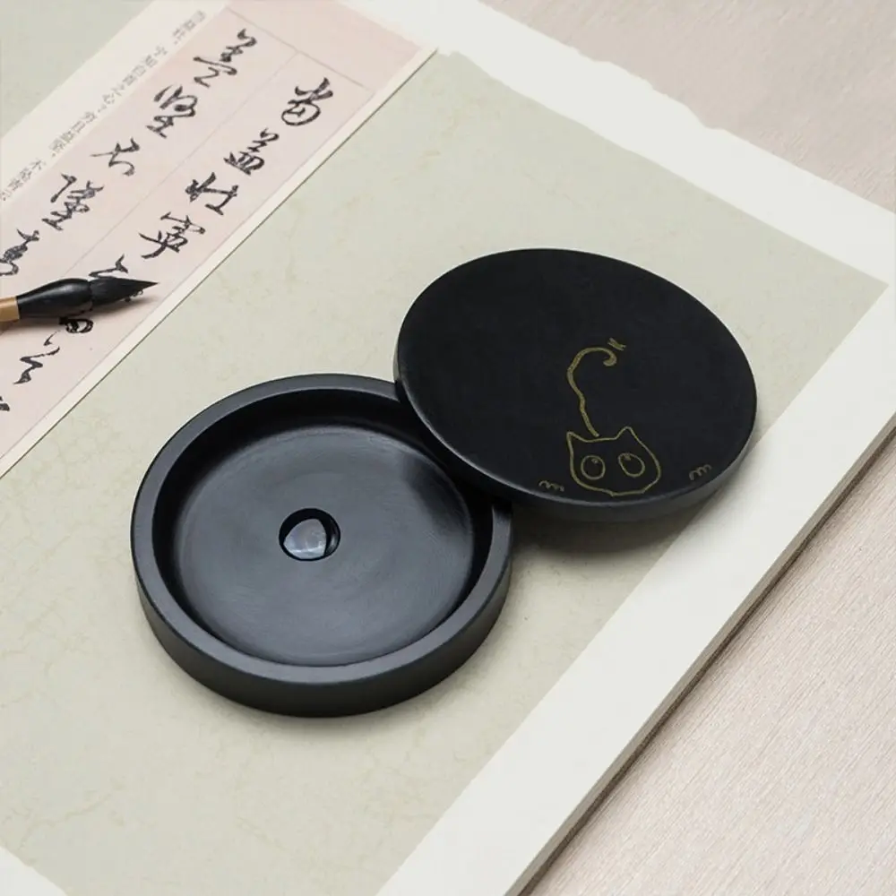 

Prevent Evaporation Traditional Calligraphy Inkstone Round Durable Inkwell Dish Black with Lid Ink Stone Calligraphy Tool