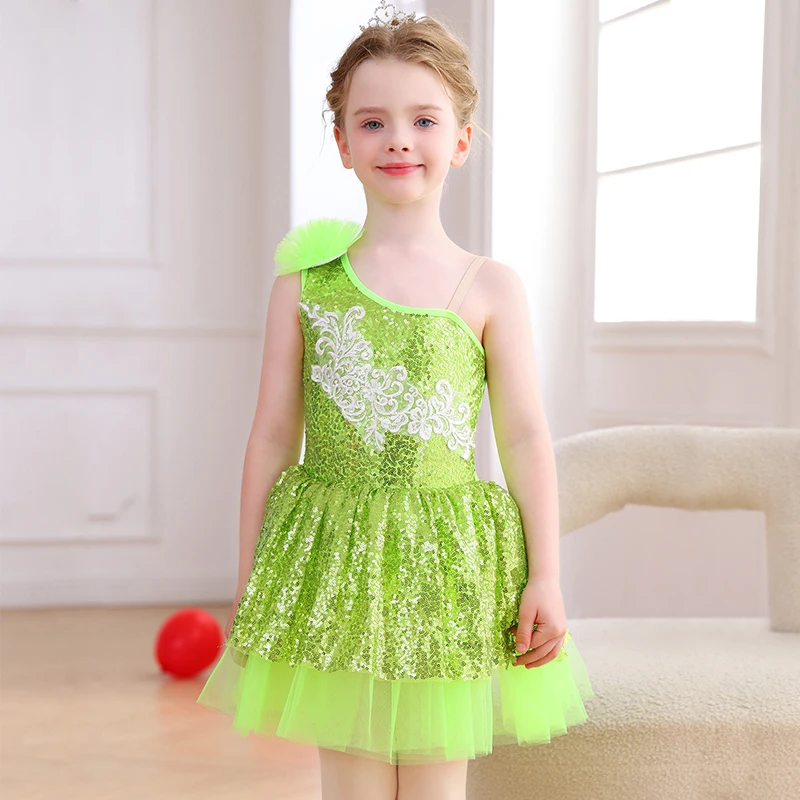 

Girls' Sequin Ballet Dance Dress One Shoulder Tulle Ruffle Bow Decor Colorful Party Performance Tutu Dress