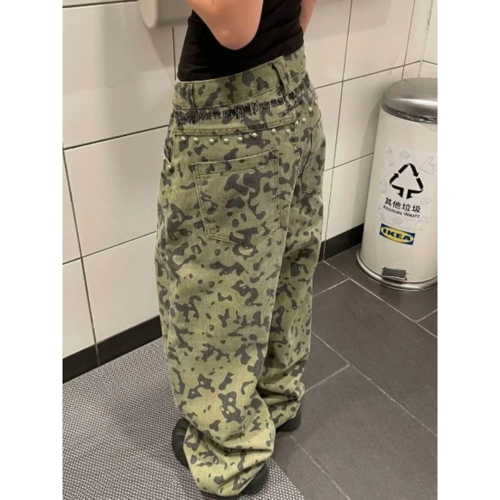 HOUZHOU Women Camouflage Baggy Jeans Y2K Rivet Embroidery Wide Leg Pants Female American Style Vintage Loose Fit Long Denim Jean
