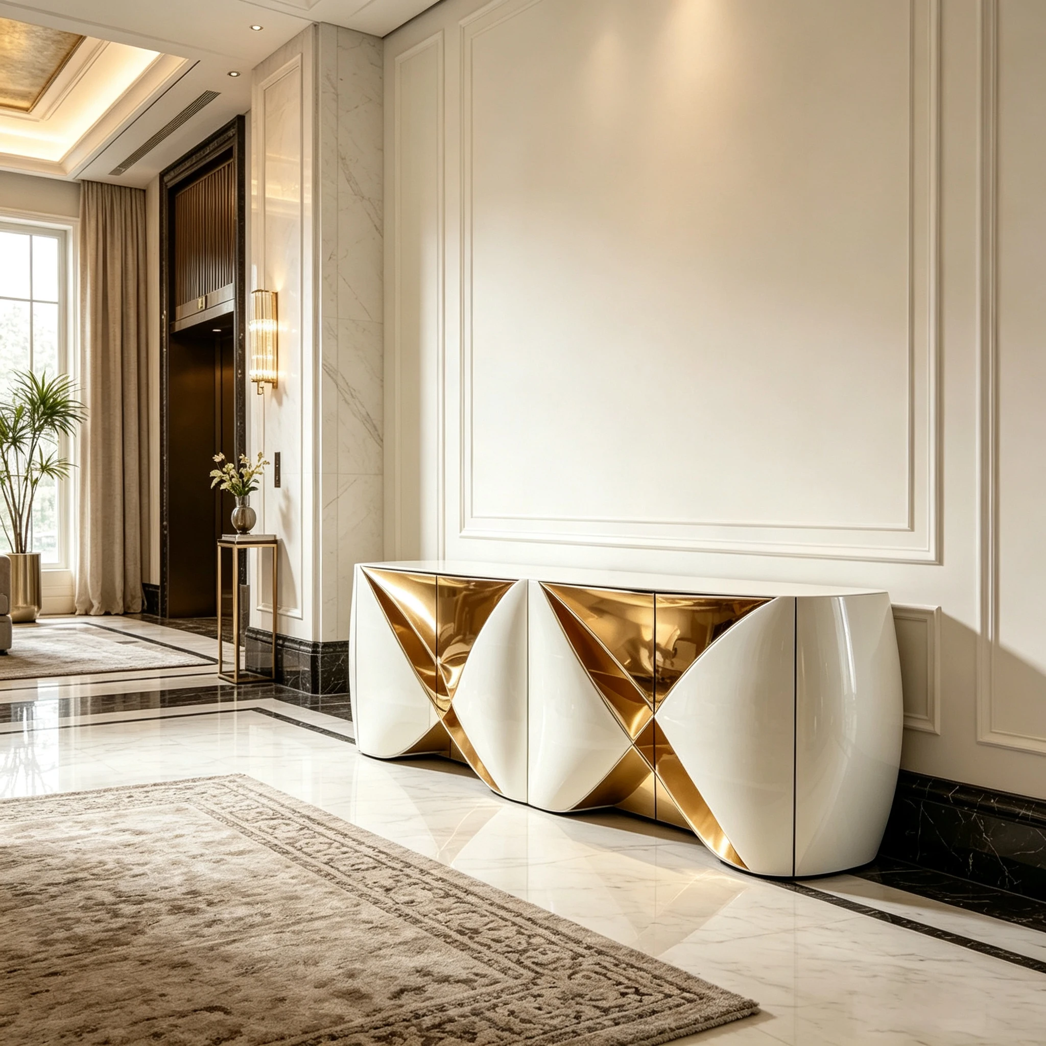 M*-4 Door Rounded Fiberglass Storage Cabinet Triangular Polished Gold Decor Gloss White