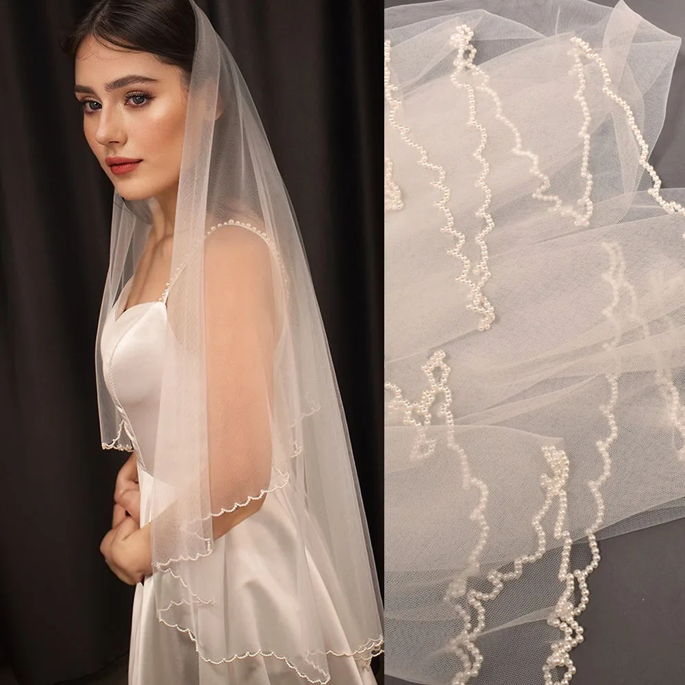 B06 2024 Pearl Wave Fringe Edge Bridal Veil  1 Layer without Comb Covers Face Wedding Veil Elegant  White Bridal Party Veil