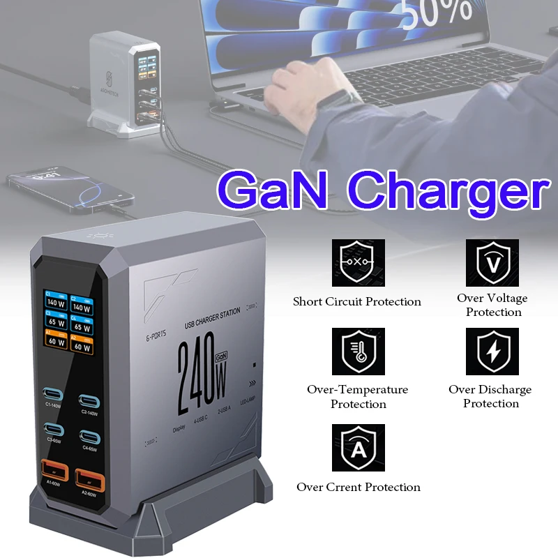 240W GaN Charger PD3.1 140W USB Type 6-IN-1 Digital Display Desktop Fast Charging Station for iPhone 16 15 MacBook Laptops
