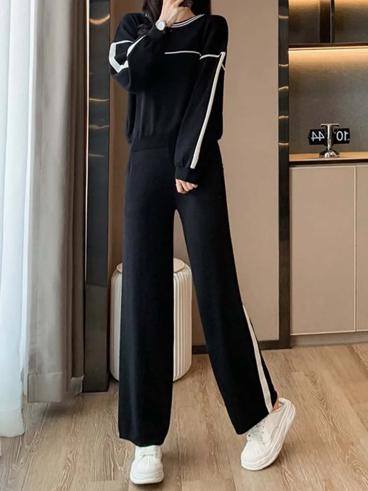 

Повседневный вязаный свитер с круглым вырезом и цветными блоками + брюки с высокой талией, комплект из двух предметов, новинка 2025 года, модная осенняя женская одежда