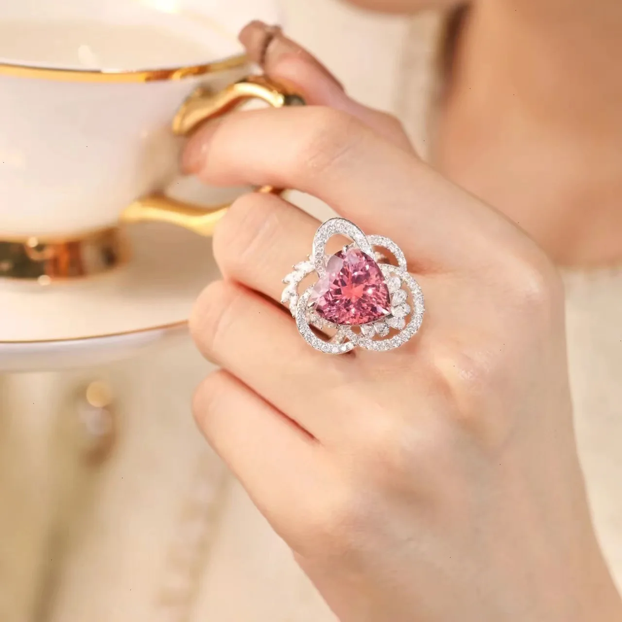 New Product, Simple, Sweet, High-end, Cherry Blossom Pollen, Love, Zircon Ring, Female Opening Temperament, Party Wearing