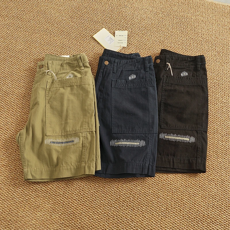 2025 Summer New American Retro Woven Patch Cloth Cargo Shorts Men's 100% Cotton Washed Straight Loose Casual 5-point Pants