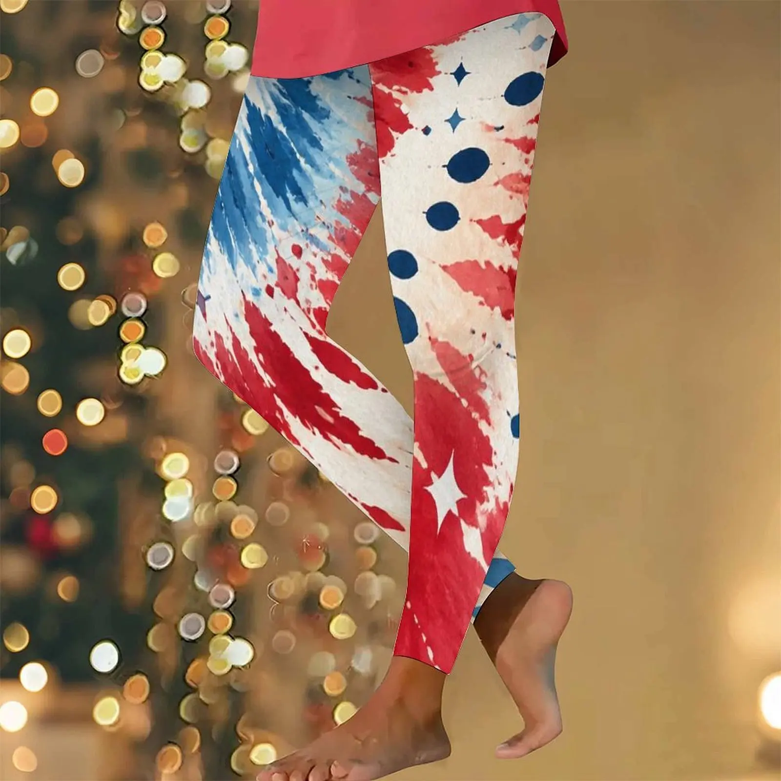 Women Red White Blue Printed Star Circular Dot Full Length Fitted Leggings