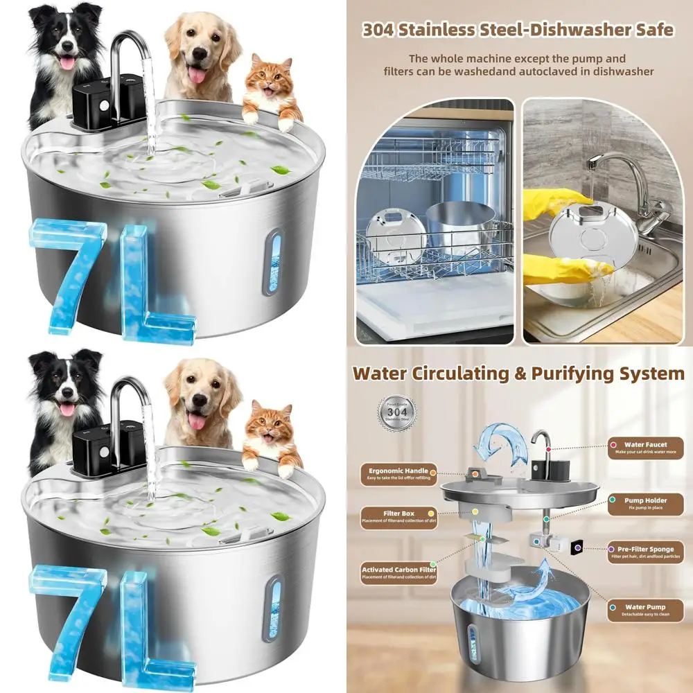 

Автоматический фонтан-поилка для крупных собак, 7 л/1,8 галл, аккумулятор 4200 мАч, нержавеющая сталь, для использования в помещении/на улице, с бесшумным насосом