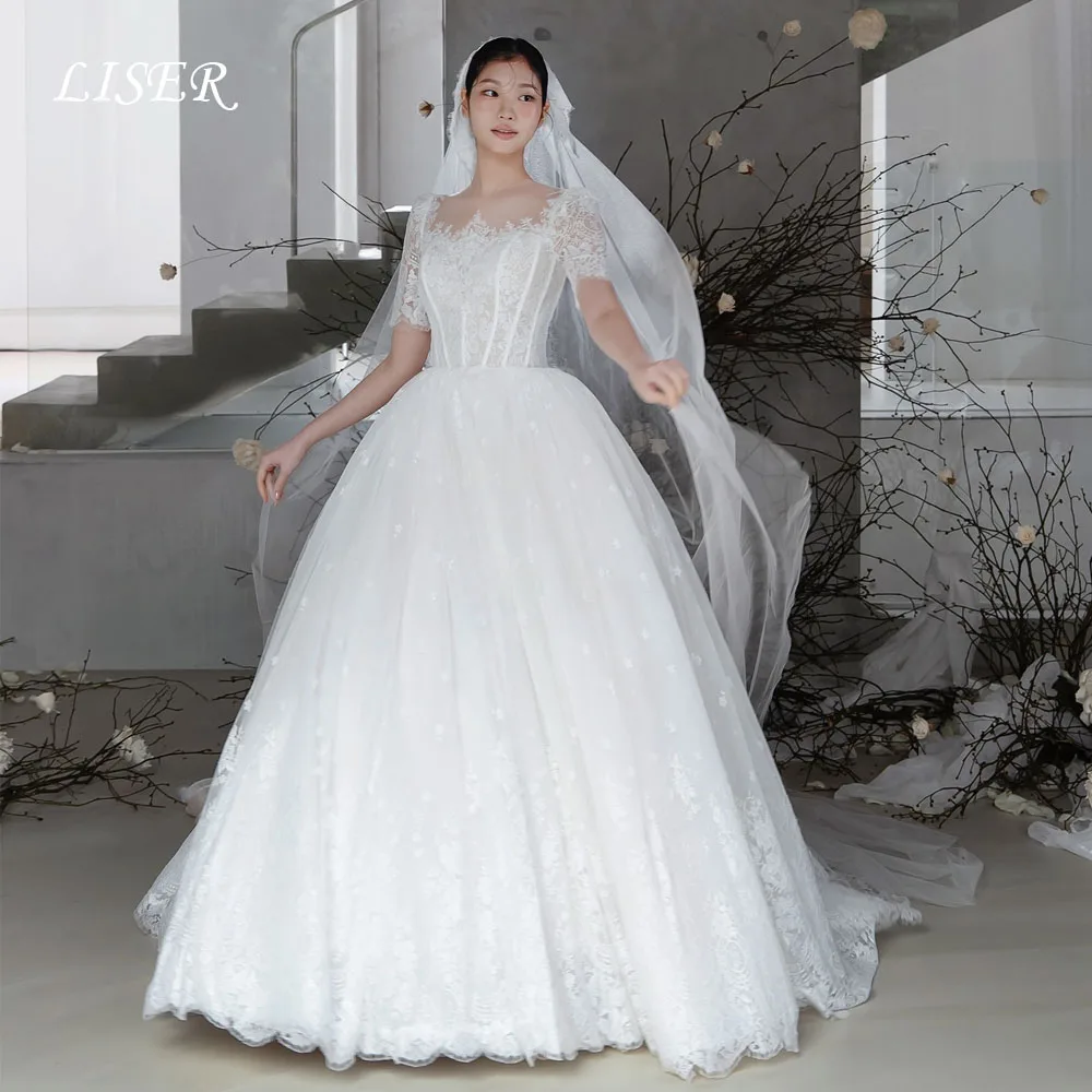 Liser O-Neck A-Line Korea Wedding Dresses Short Sleeve Silk Satin Bridal Wedding Party Dresses Photo Shoot Customized 웨딩드레스