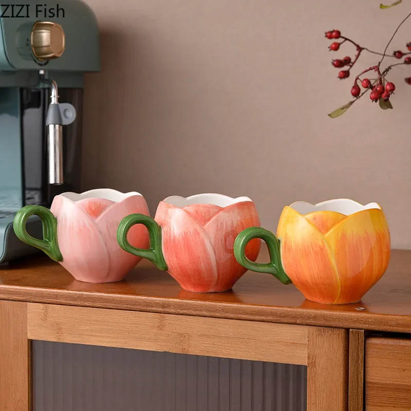 Tulip Flower Shaped Cup&saucer Dining Table Coffee Mug Delicate Porcelain Mugs Afternoon Tea Teacup Fruit Juice Container